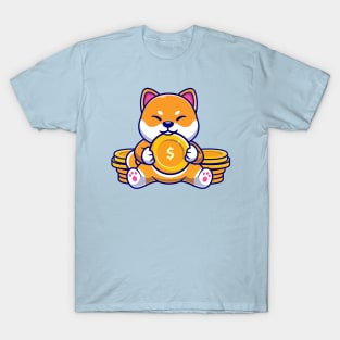 Cute Shiba Inu Dog With Gold Coin Cartoon T-Shirt